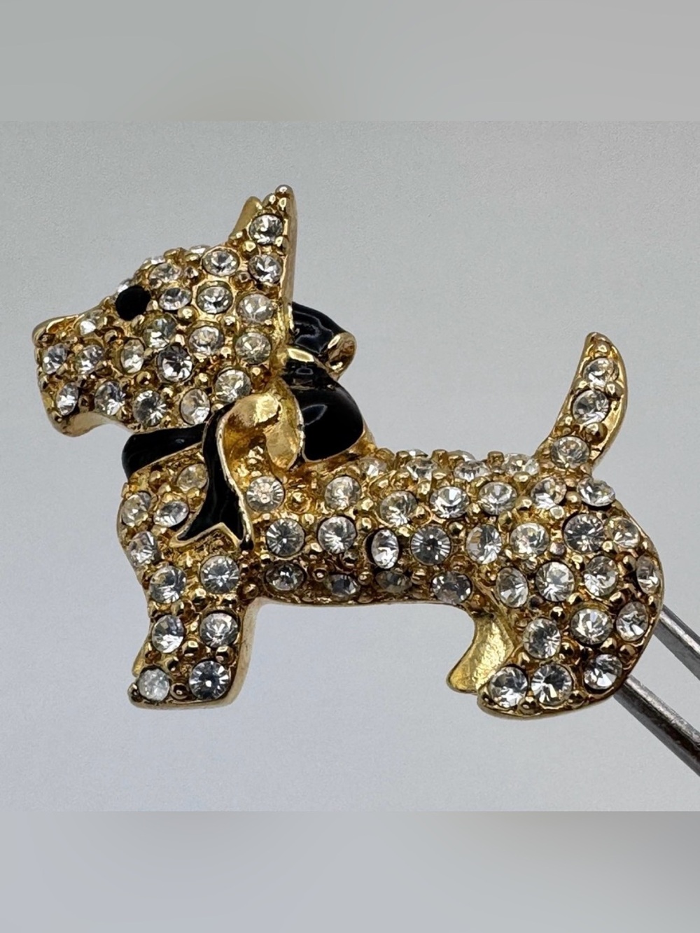 Vintage Monet Crystal Scottie Dog Brooch Gold Tone Rhinestone Pin